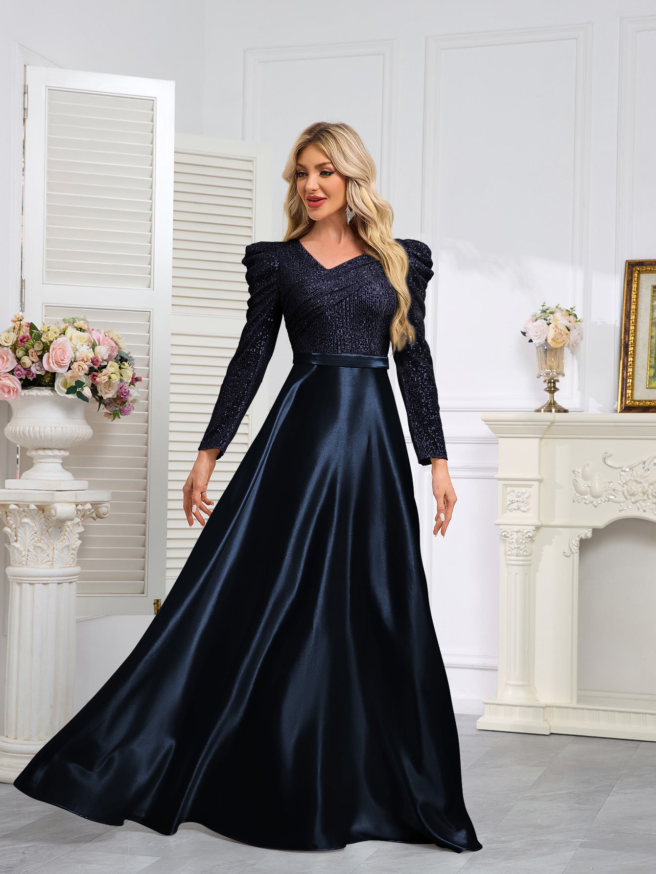 Dark Blue Satin Sequin Maxi Dress