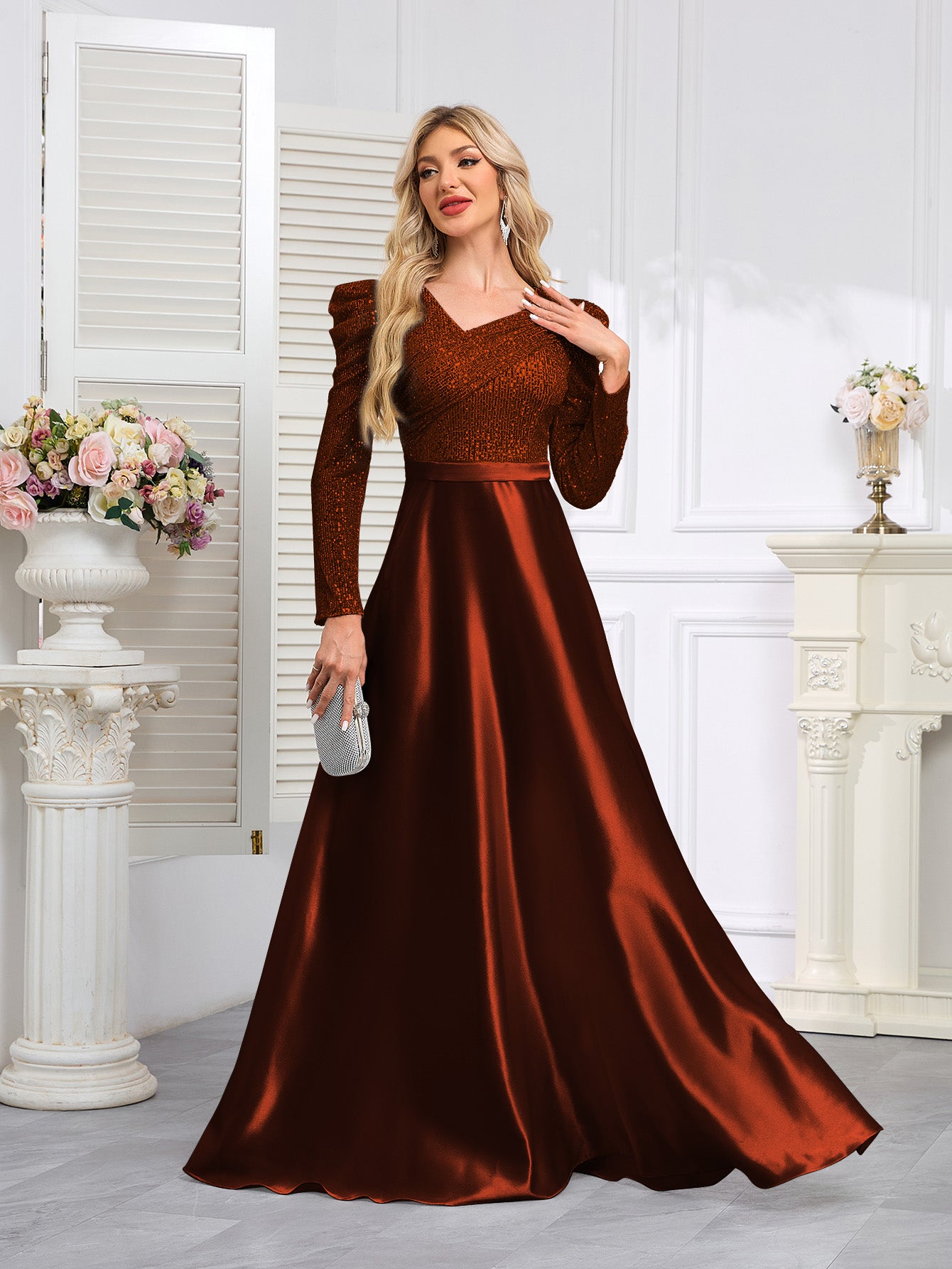 Dark Blue Satin Sequin Maxi Dress