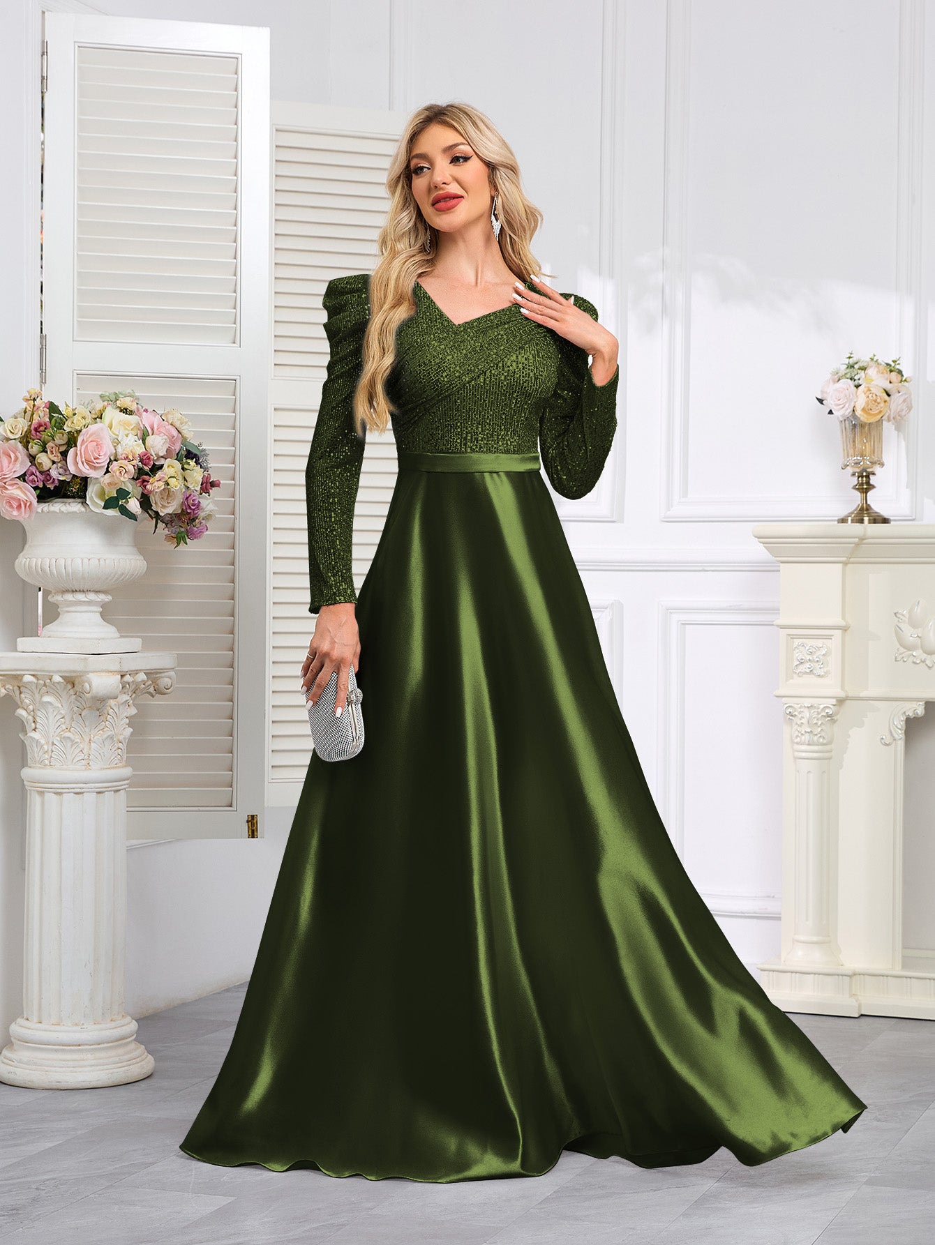 Dark Blue Satin Sequin Maxi Dress