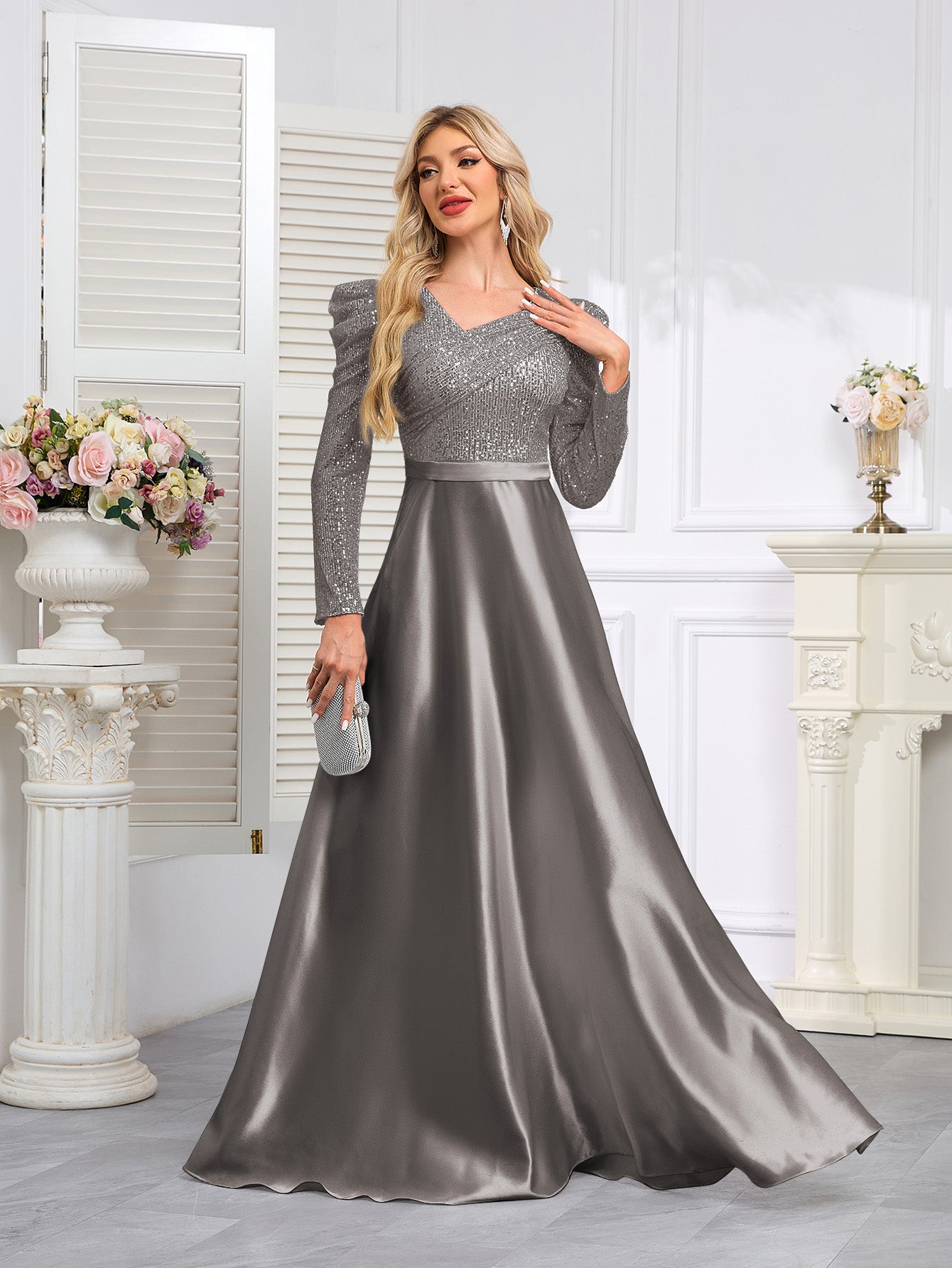 Dark Blue Satin Sequin Maxi Dress