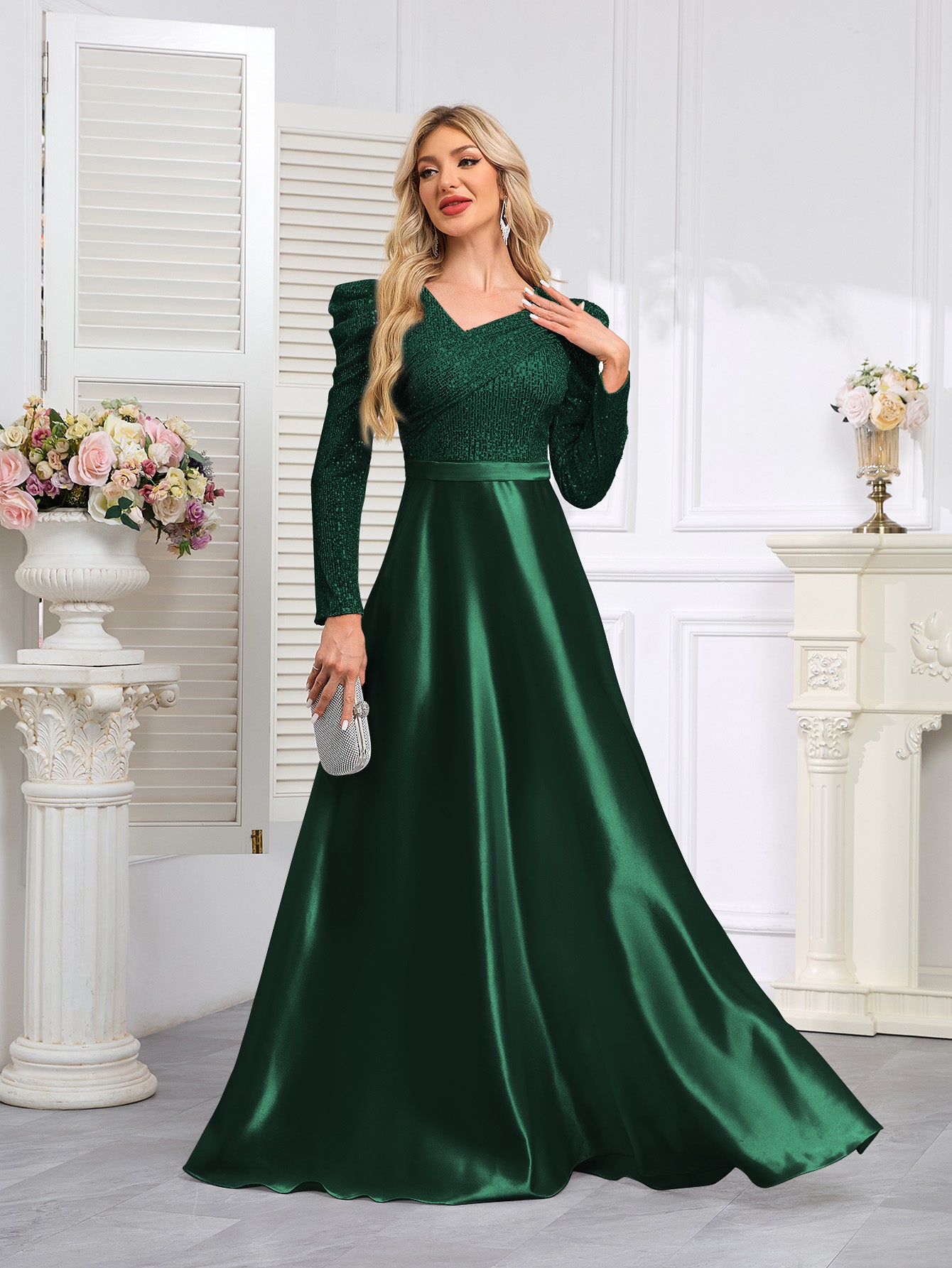 Dark Blue Satin Sequin Maxi Dress