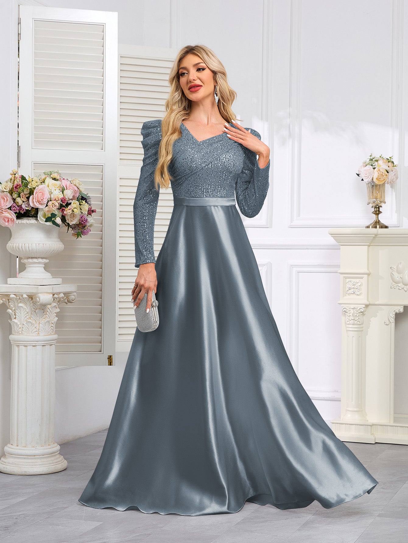 Dark Blue Satin Sequin Maxi Dress