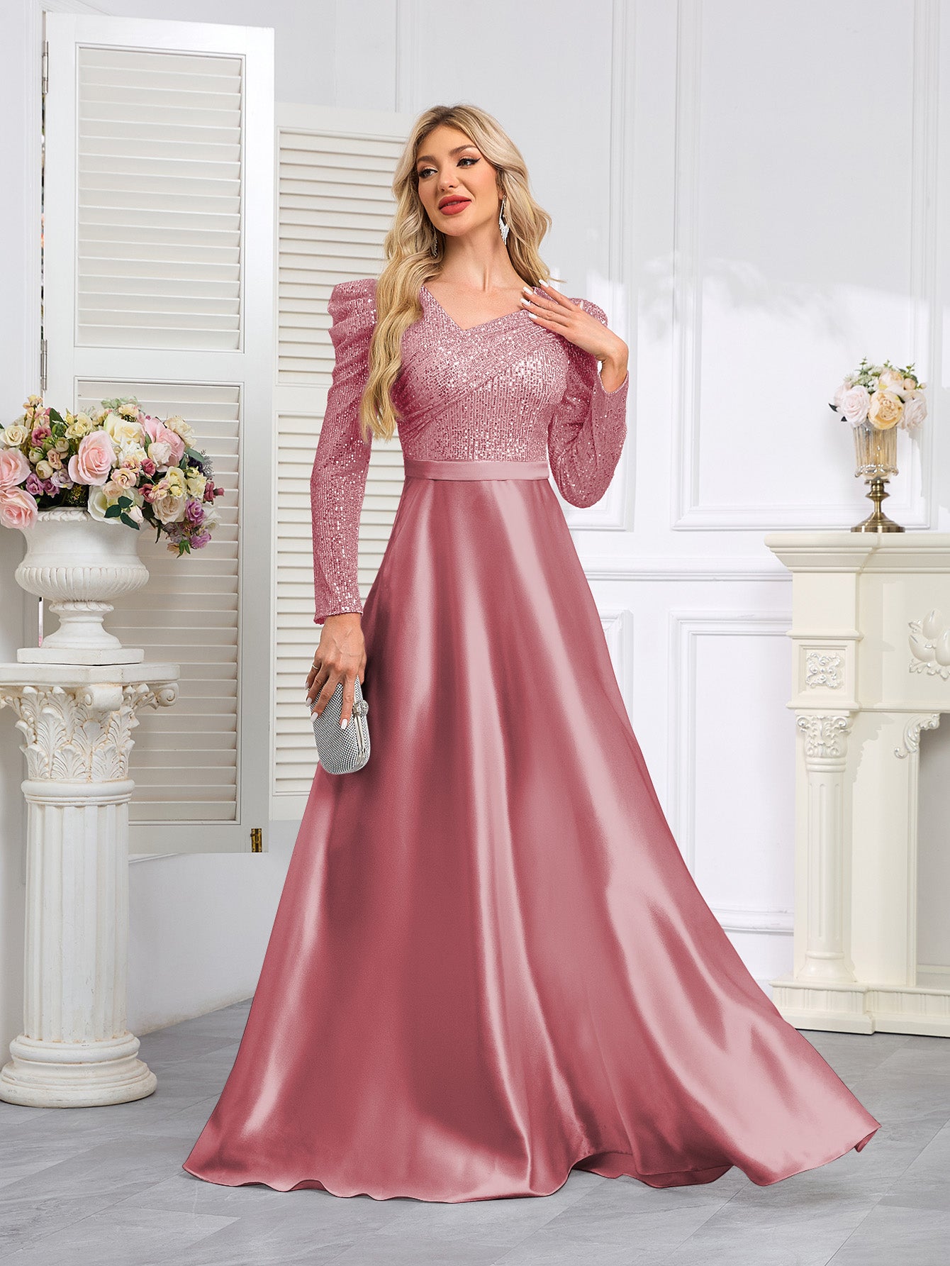 Dark Blue Satin Sequin Maxi Dress