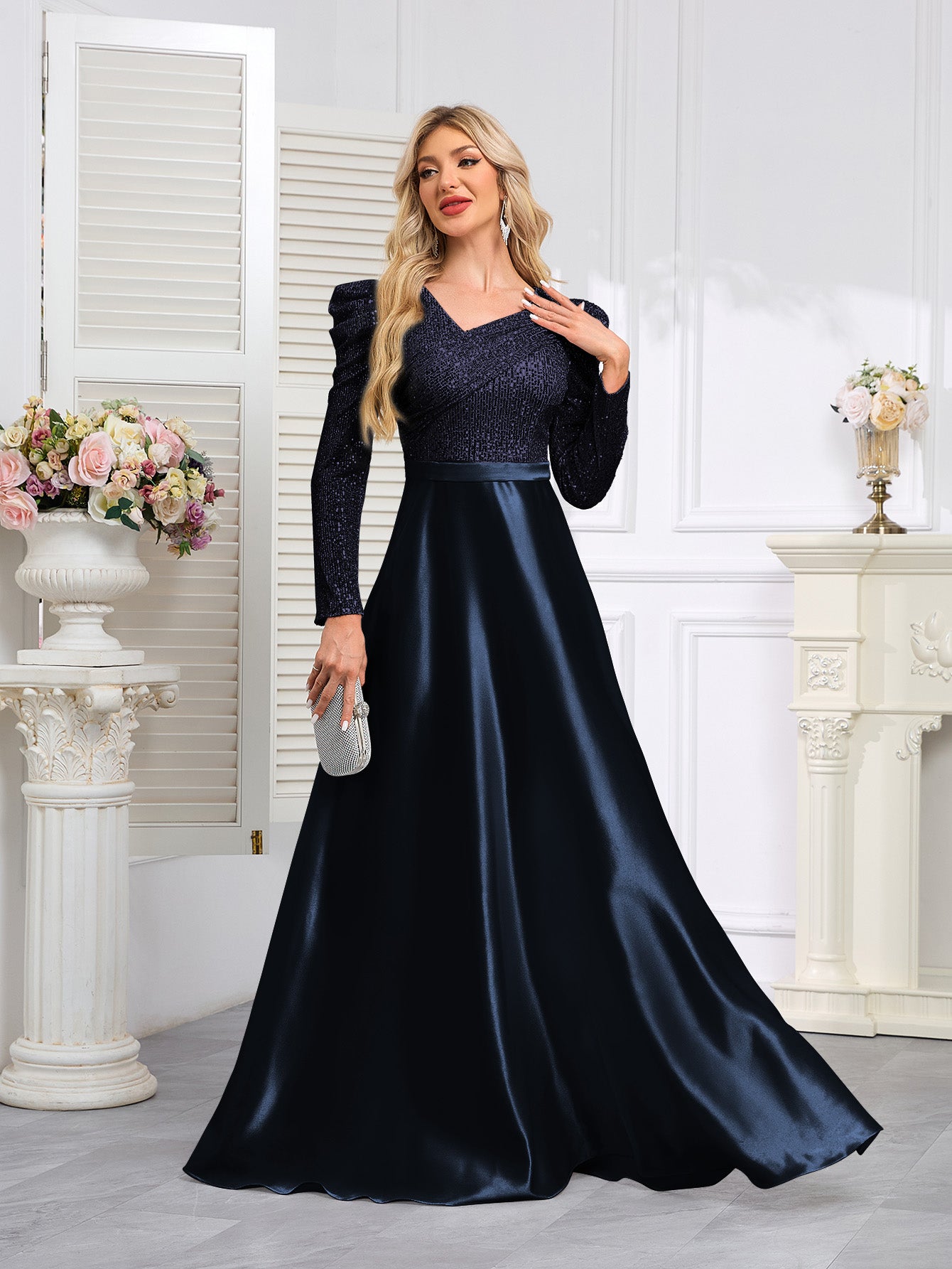 Dark Blue Satin Sequin Maxi Dress