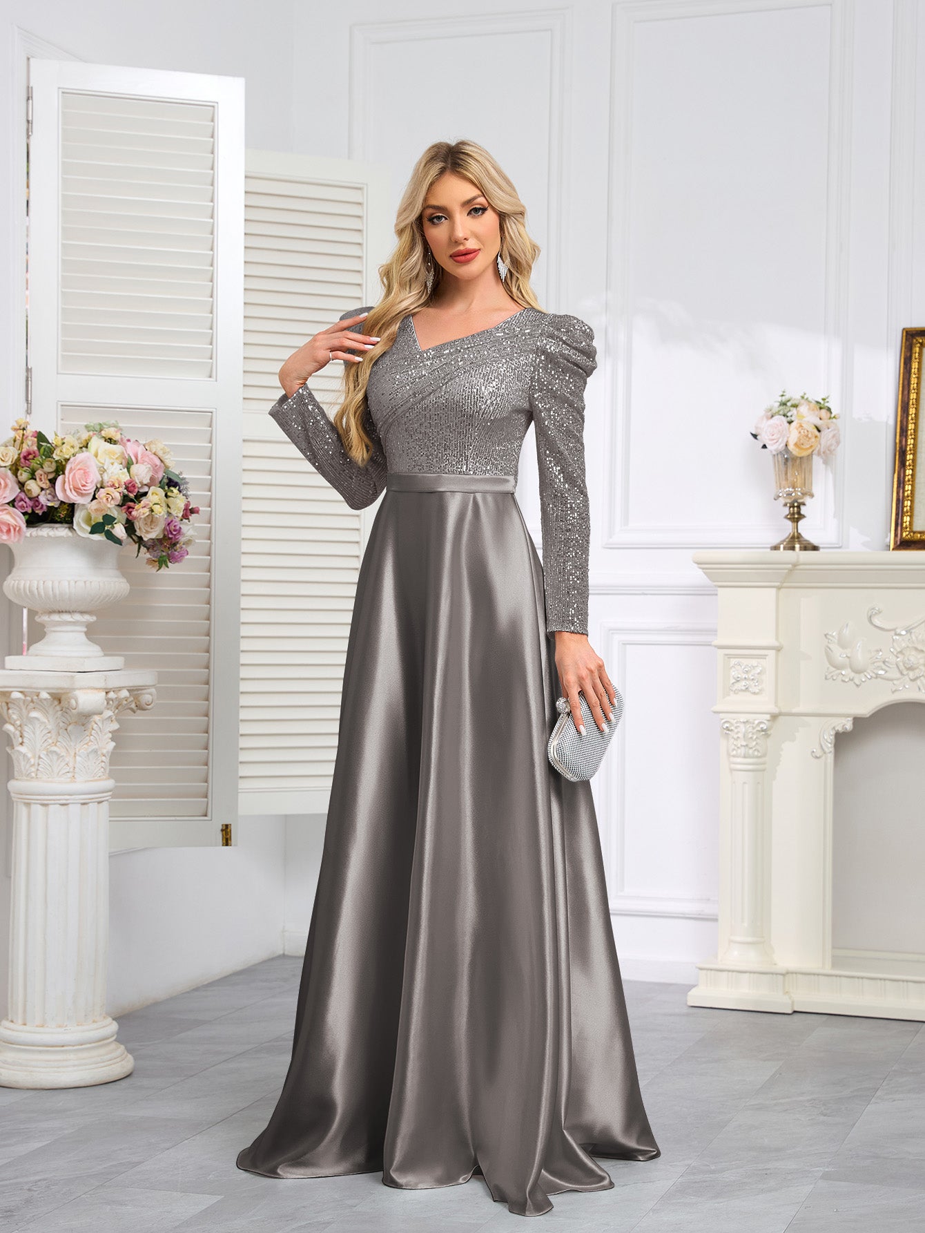 Dark Blue Satin Sequin Maxi Dress
