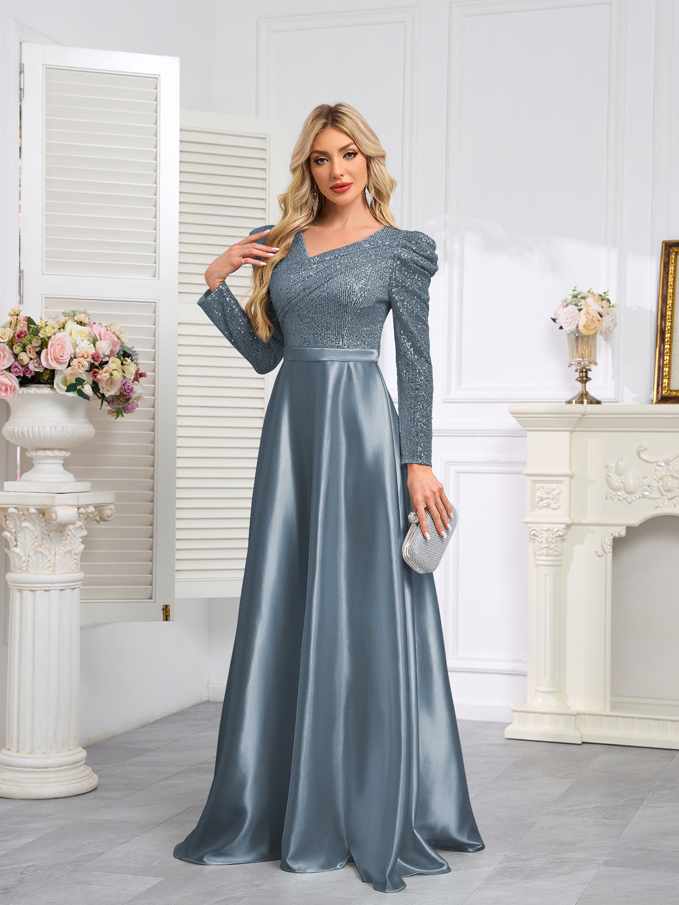Dark Blue Satin Sequin Maxi Dress