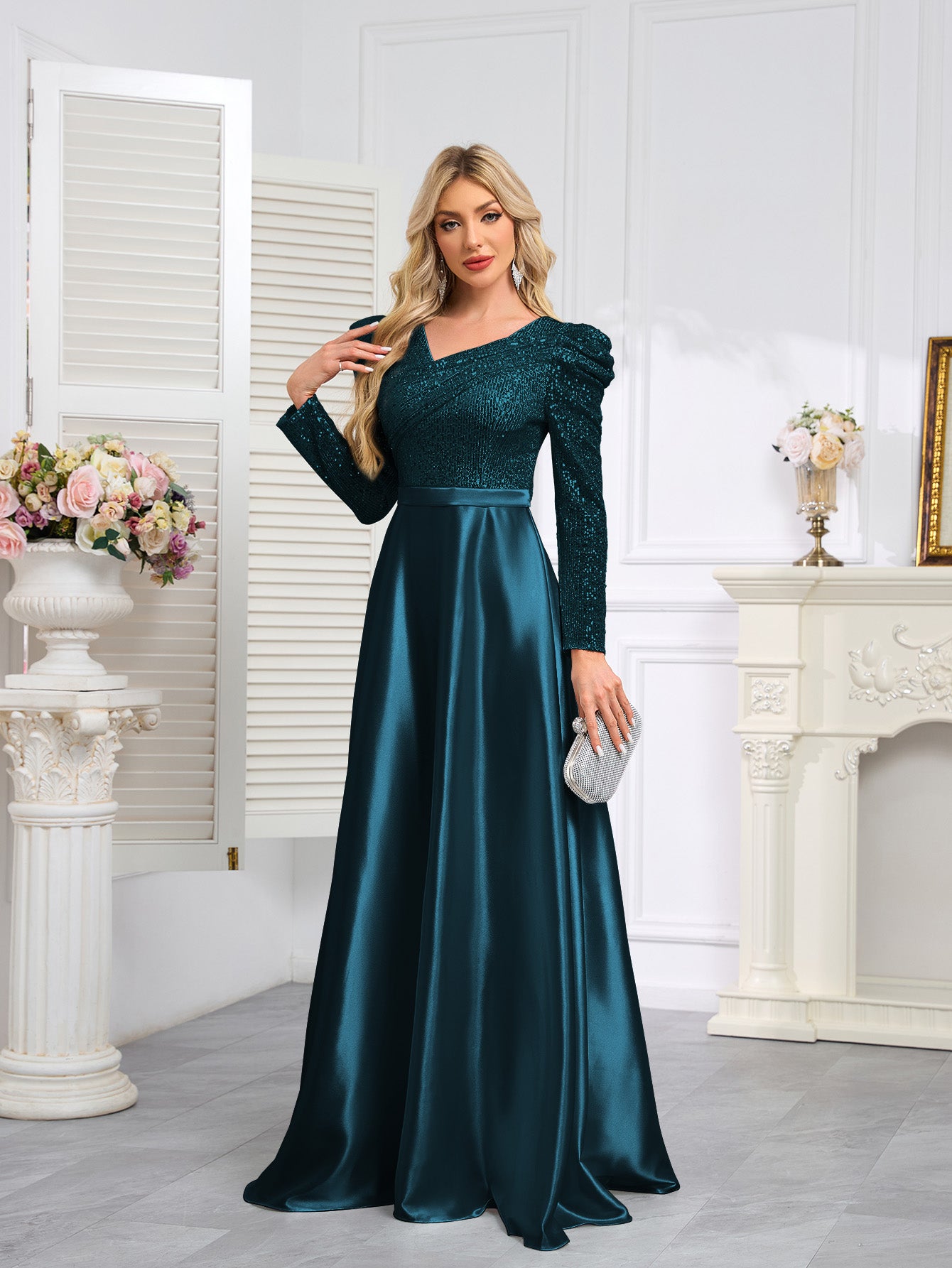 Dark Blue Satin Sequin Maxi Dress