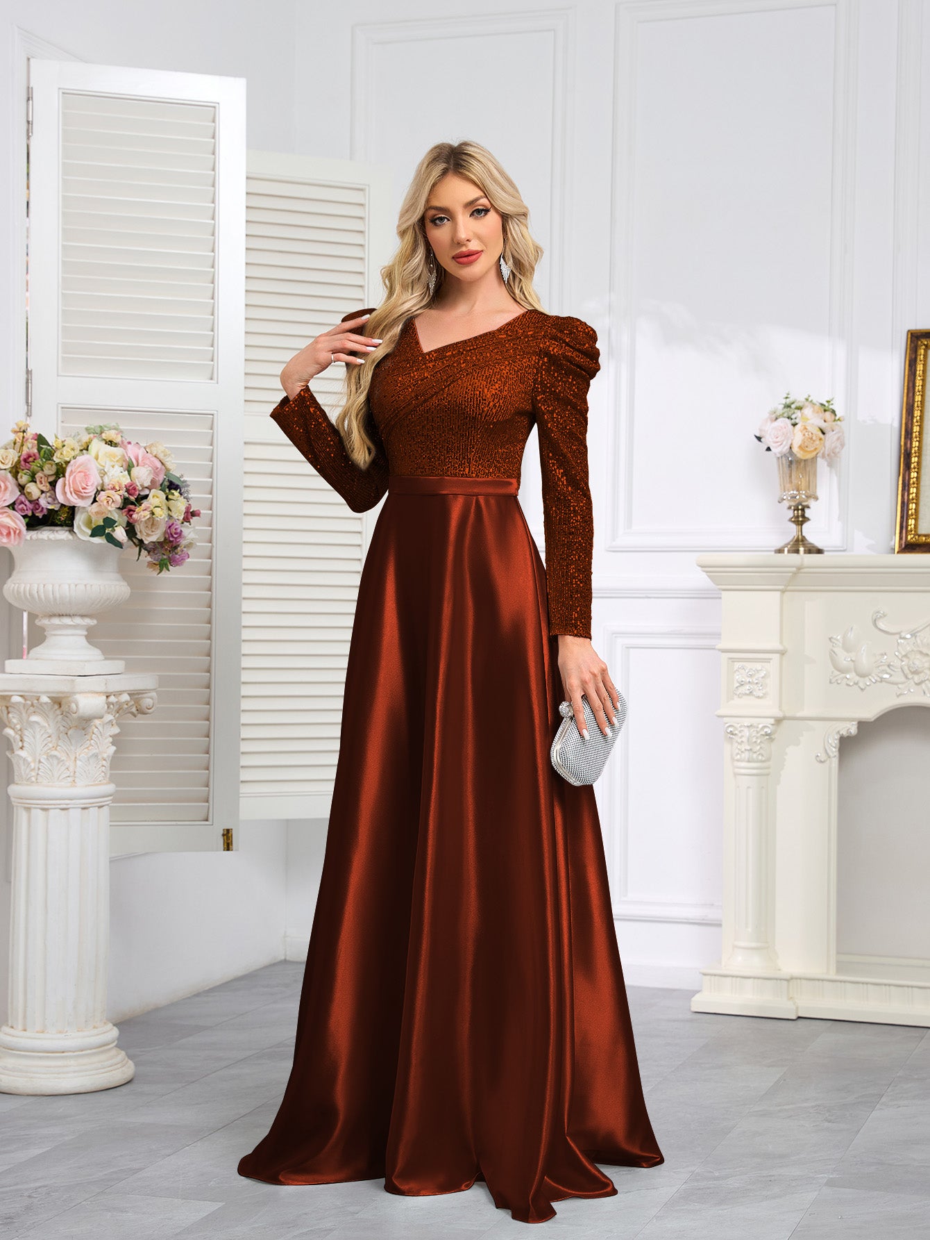 Dark Blue Satin Sequin Maxi Dress
