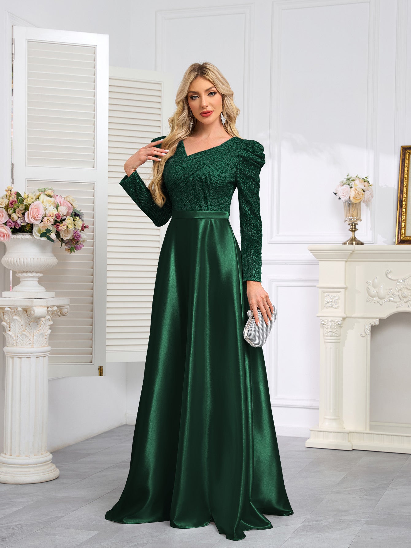 Dark Blue Satin Sequin Maxi Dress