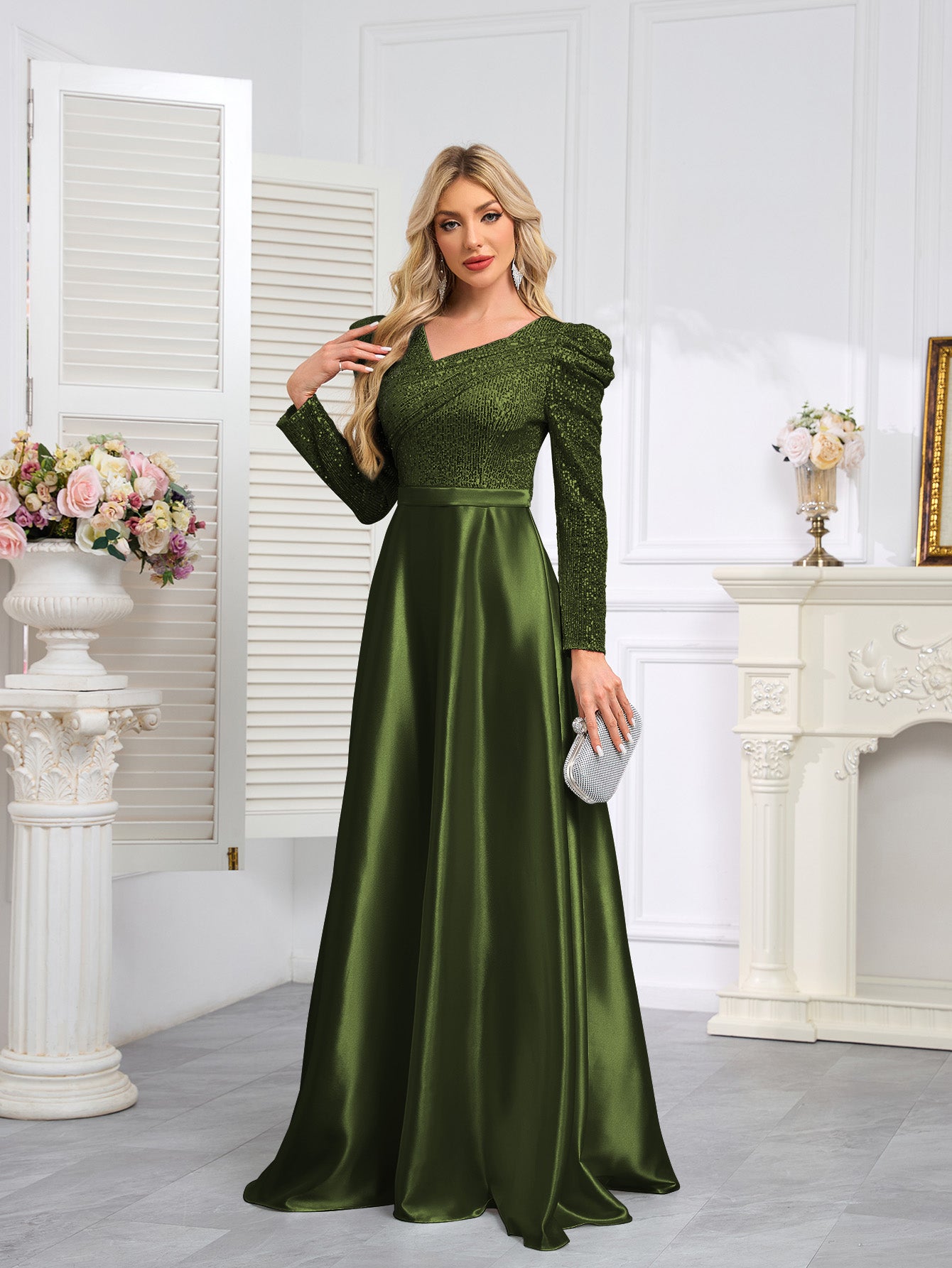 Dark Blue Satin Sequin Maxi Dress