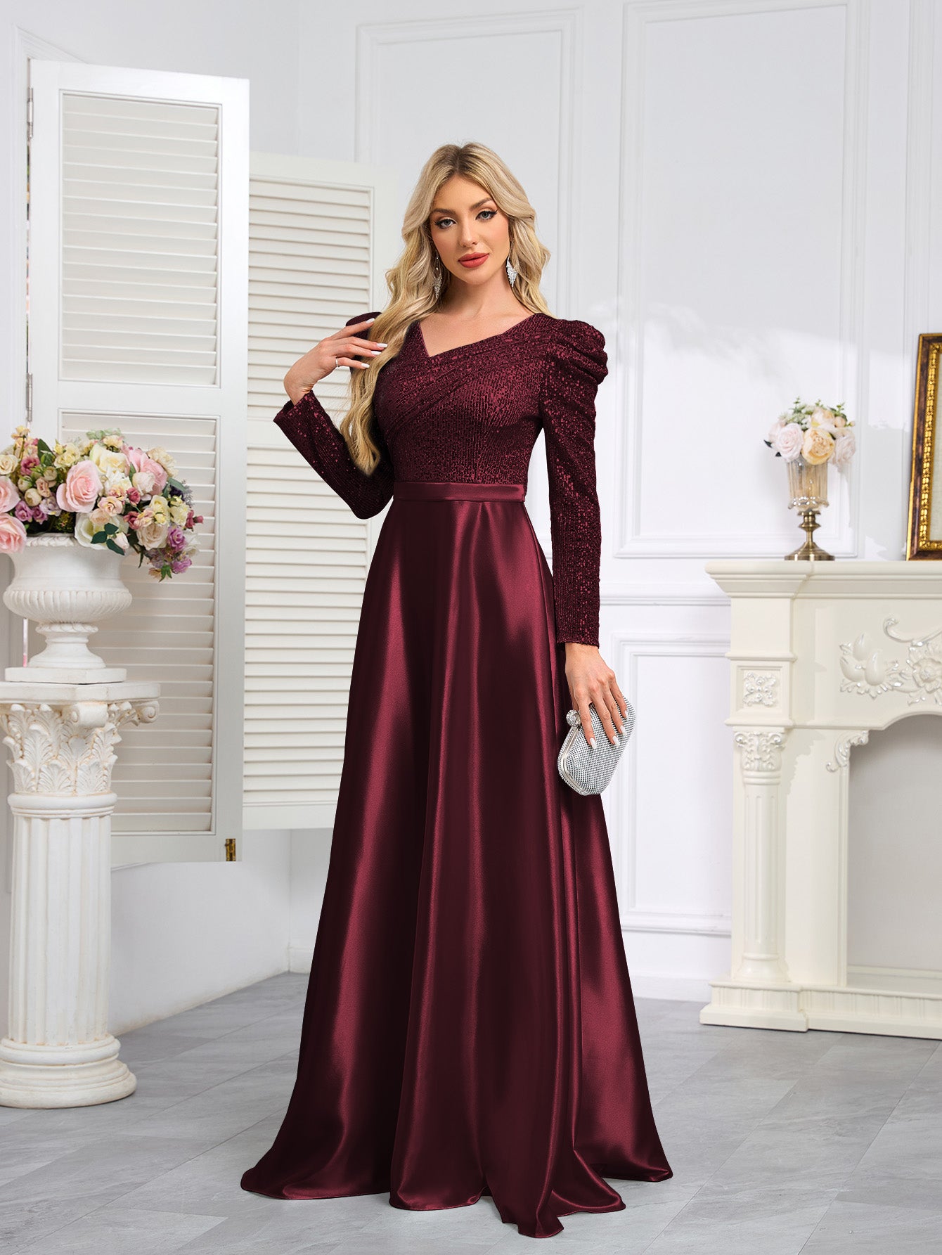 Dark Blue Satin Sequin Maxi Dress