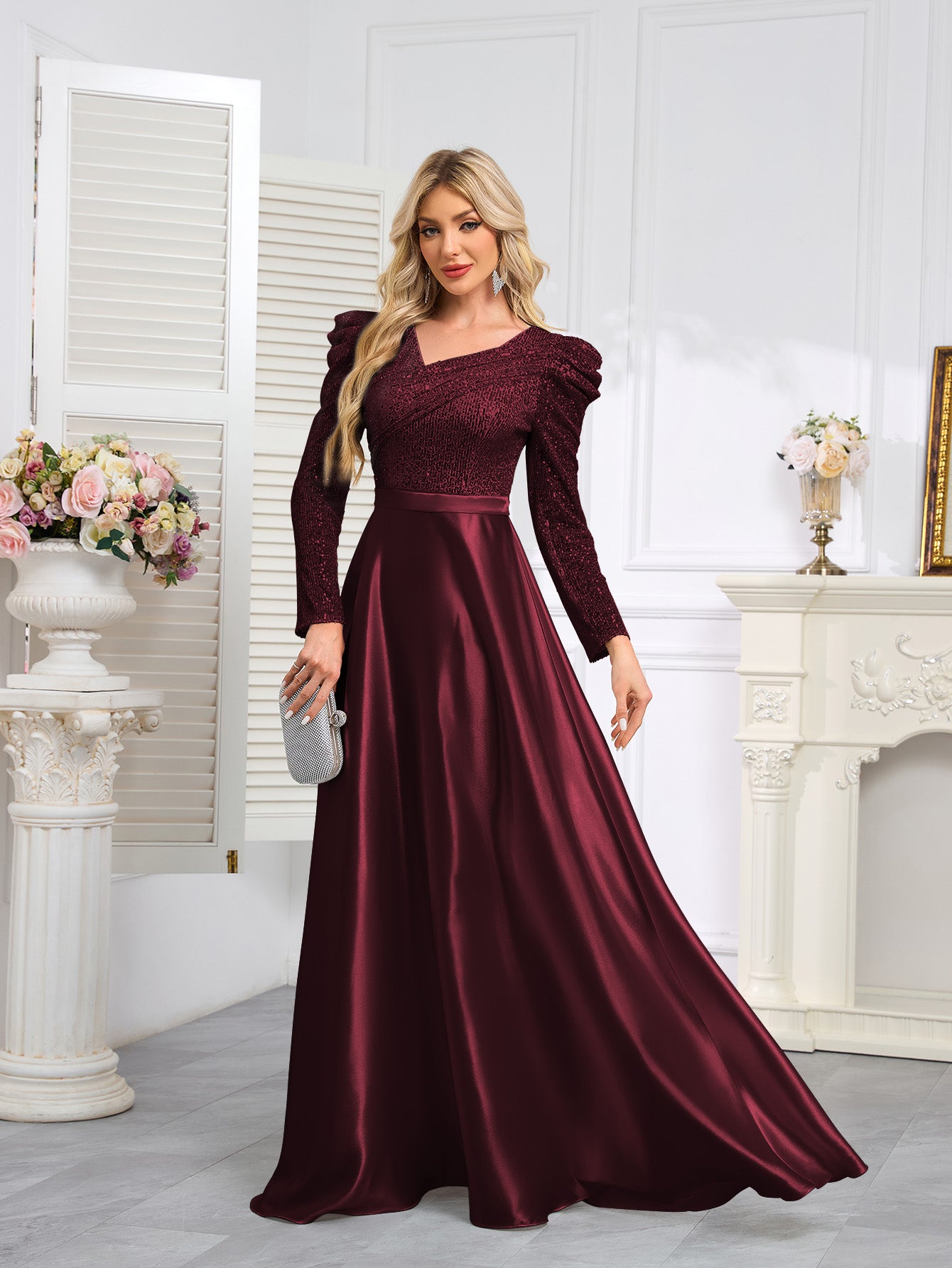 Dark Blue Satin Sequin Maxi Dress