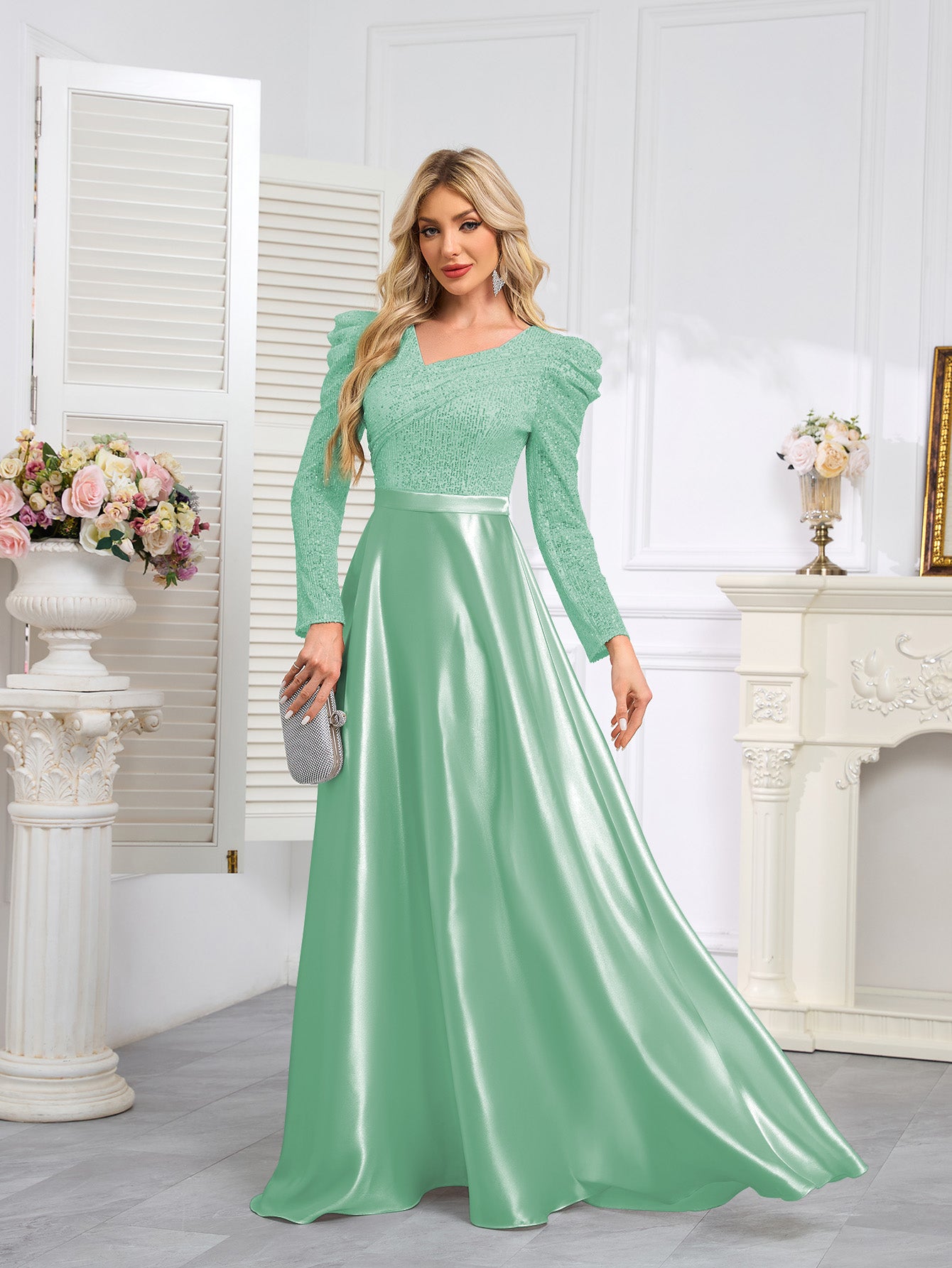 Dark Blue Satin Sequin Maxi Dress