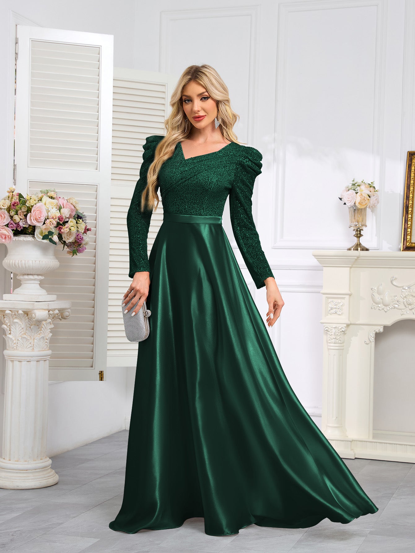 Dark Blue Satin Sequin Maxi Dress