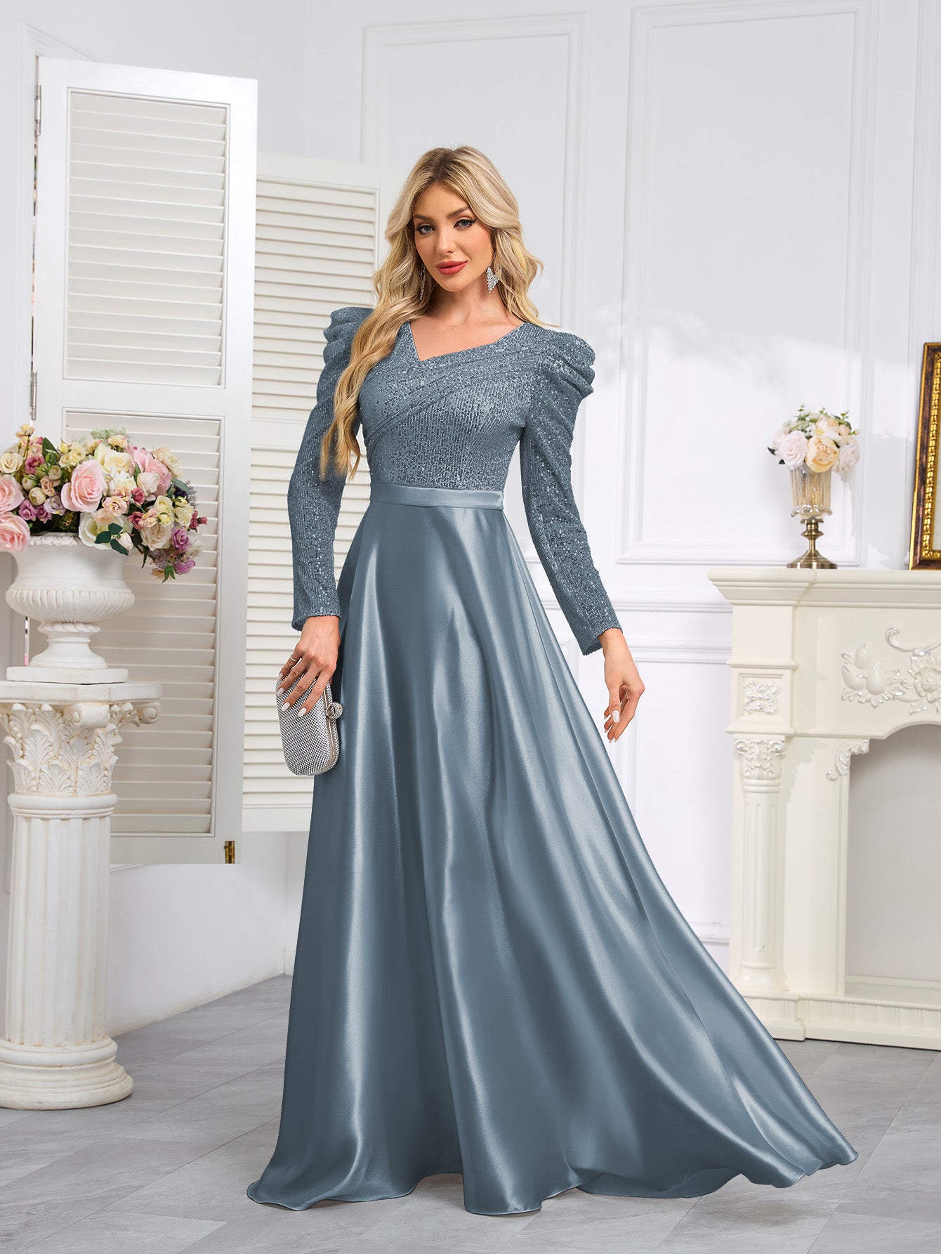 Dark Blue Satin Sequin Maxi Dress