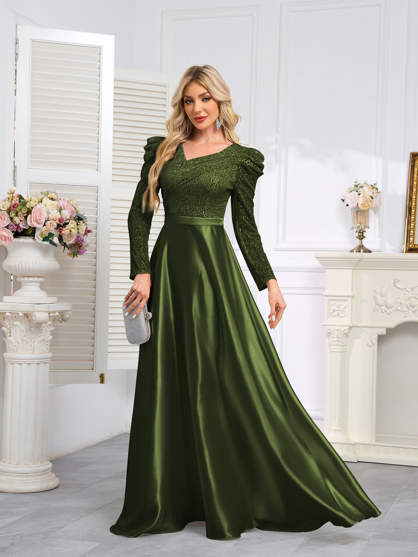 Dark Blue Satin Sequin Maxi Dress