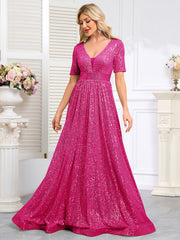 Royal Blue Sequined Short-Sleeve Gown With a Deep V-Neck and a Full, Flared Skirt.