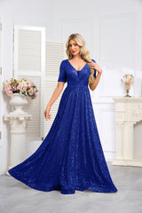 Royal Blue Sequined Short-Sleeve Gown With a Deep V-Neck and a Full, Flared Skirt.
