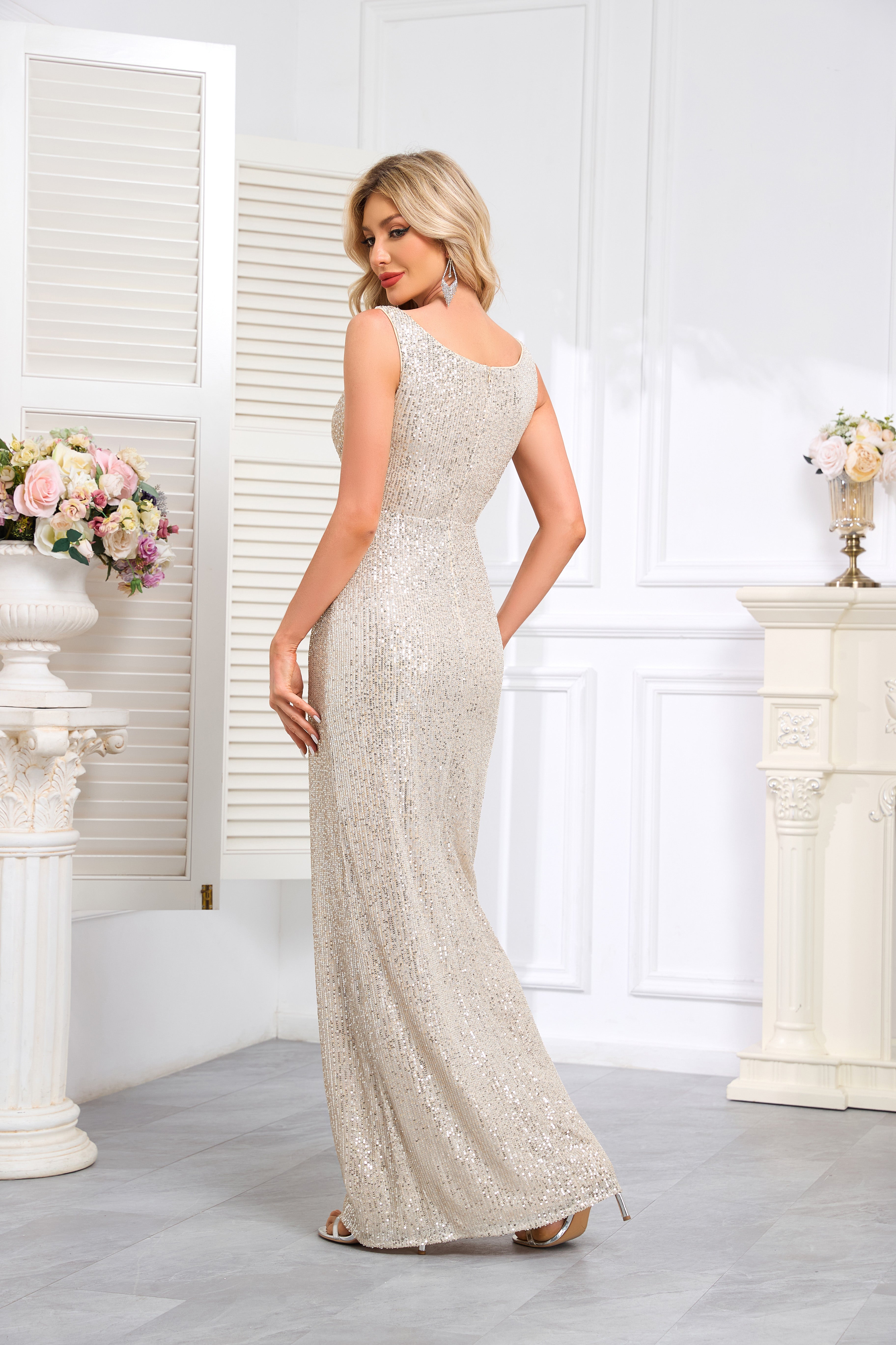 Rose Gold Sequin-Covered Sleeveless Deep-V Mermaid Gown