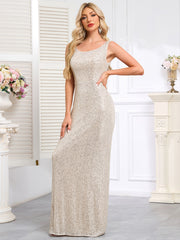 Rose Gold Sequin-Covered Sleeveless Deep-V Mermaid Gown