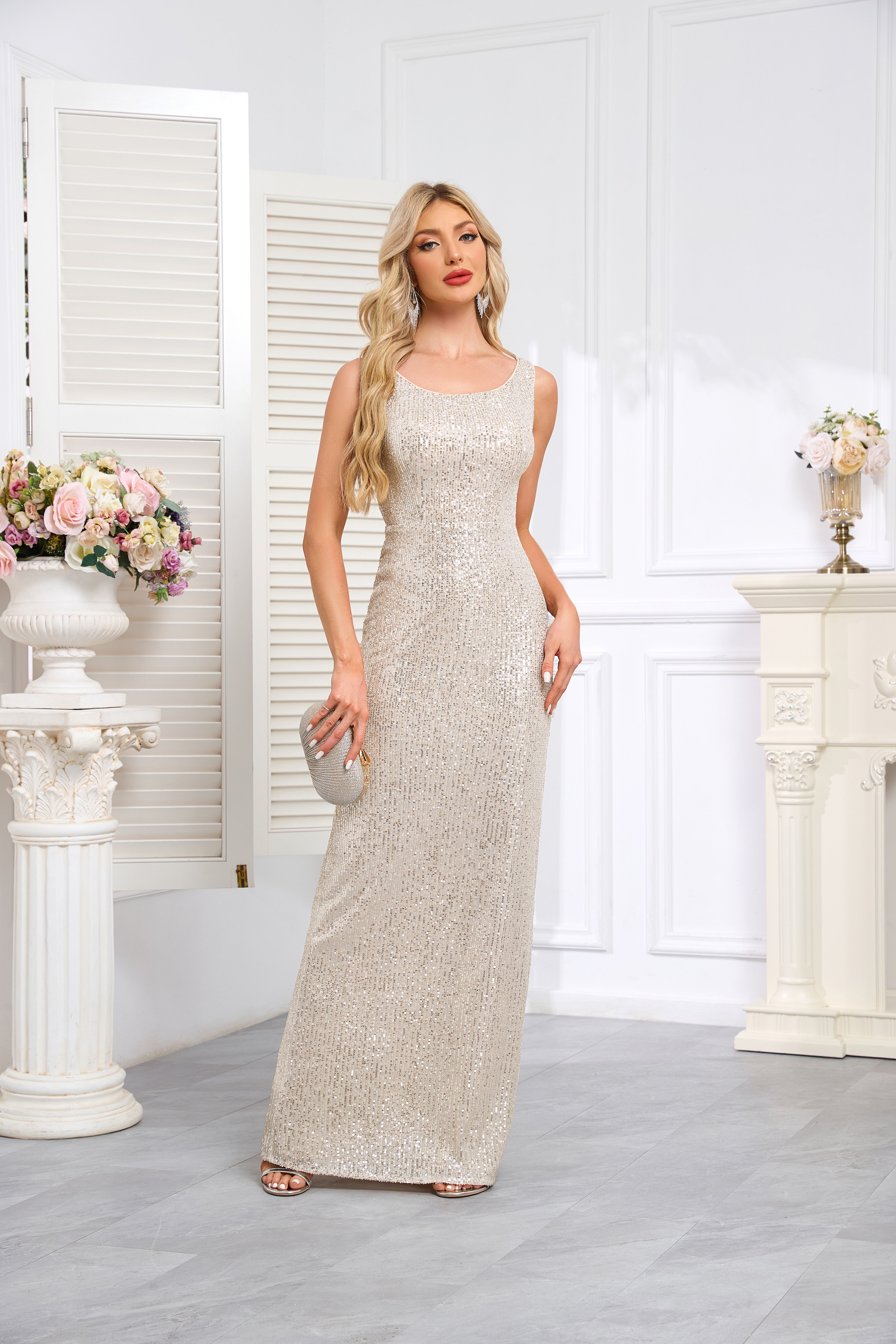 Rose Gold Sequin-Covered Sleeveless Deep-V Mermaid Gown