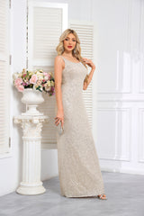 Rose Gold Sequin-Covered Sleeveless Deep-V Mermaid Gown