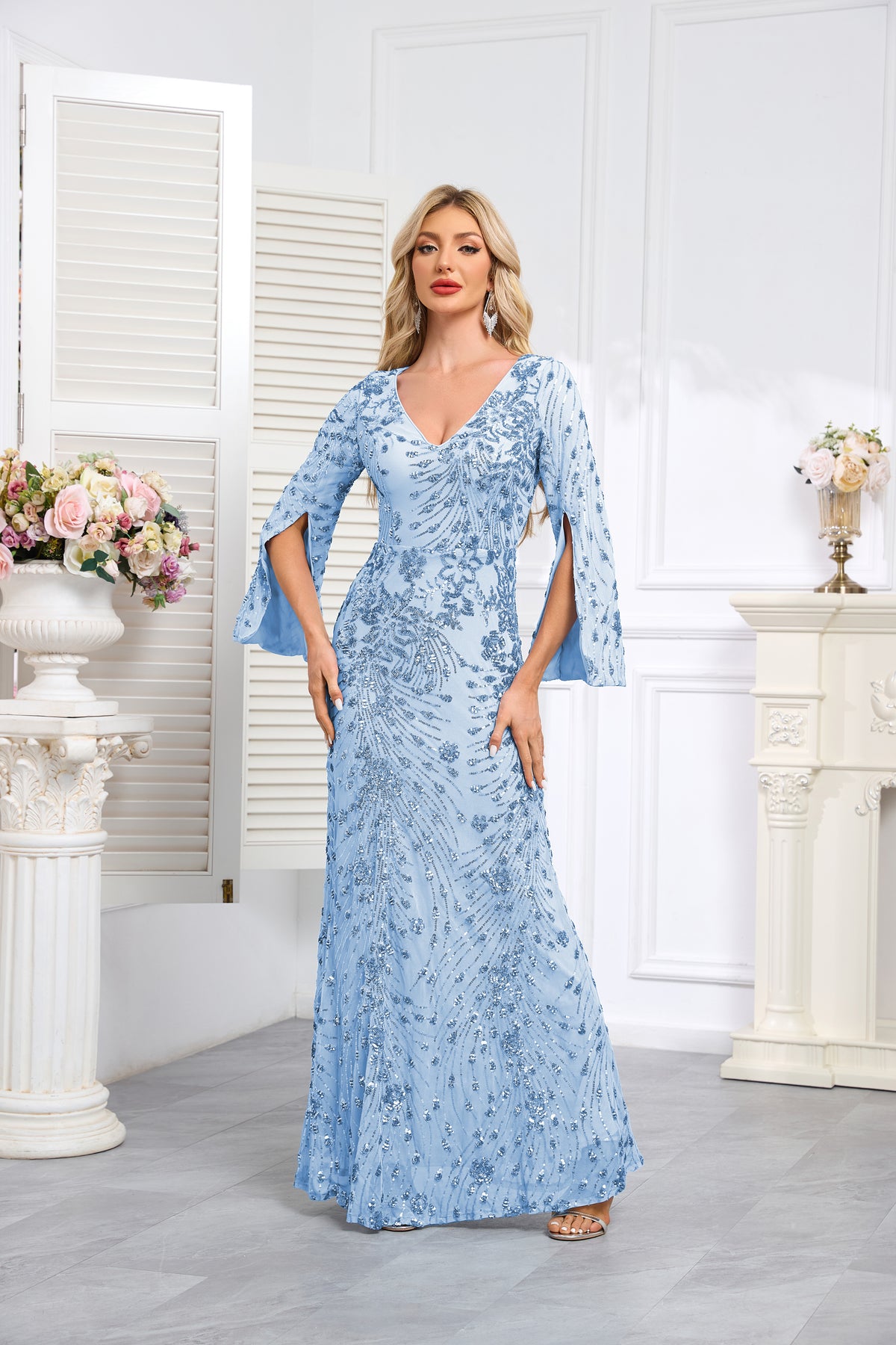 Light blue Sequined Long-Sleeve Mermaid Evening Gown