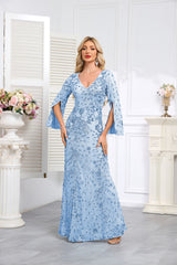 Light blue Sequined Long-Sleeve Mermaid Evening Gown