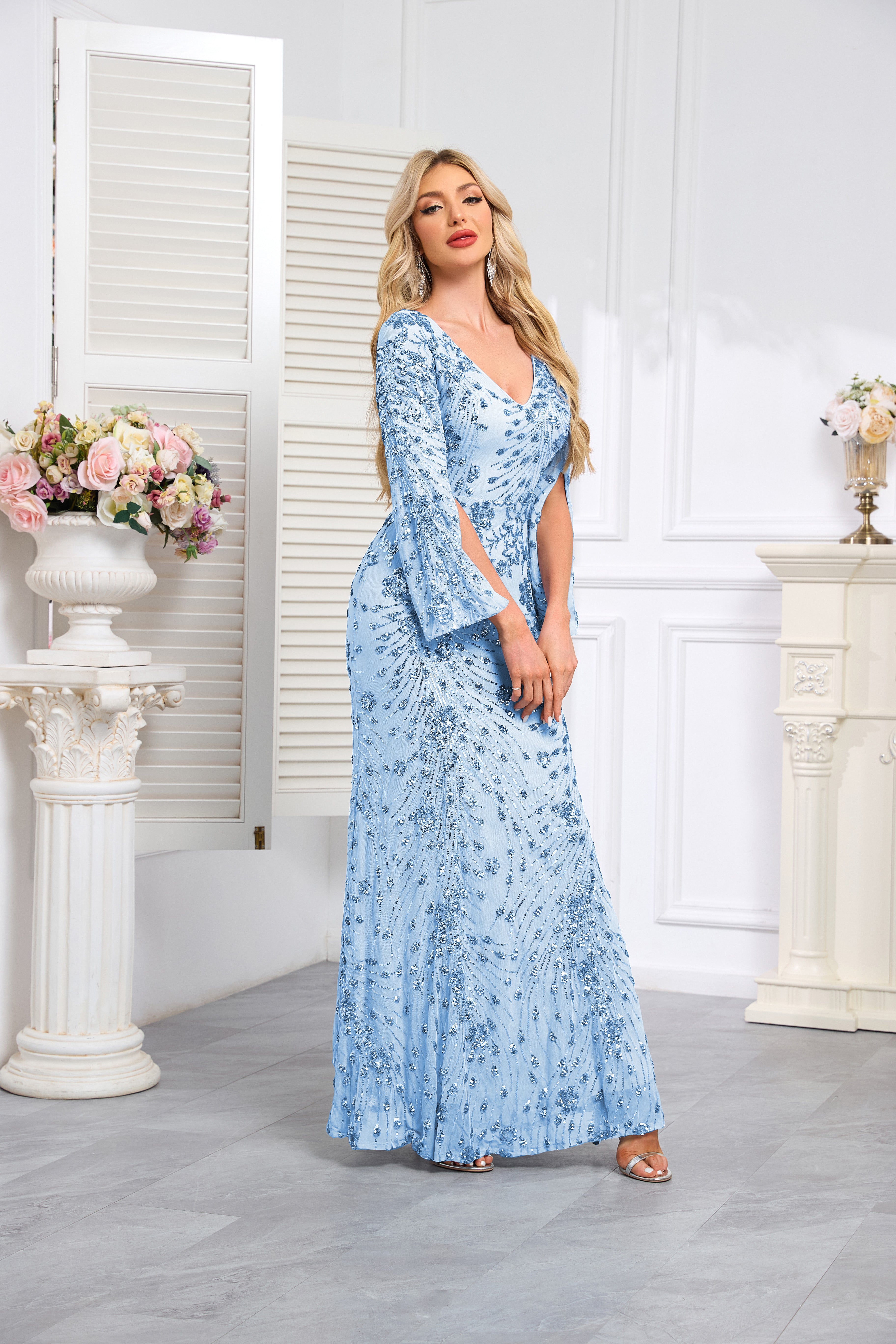 Light blue Sequined Long-Sleeve Mermaid Evening Gown