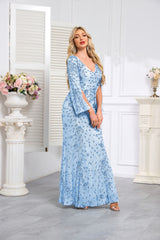 Light blue Sequined Long-Sleeve Mermaid Evening Gown