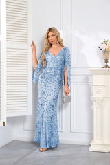 Light blue Sequined Long-Sleeve Mermaid Evening Gown
