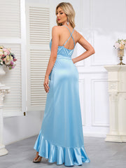 Light Blue Satin Wrap-Style V-Neck Bridesmaid Dress with Spaghetti Straps