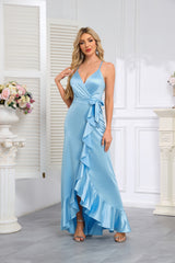 Light Blue Satin Wrap-Style V-Neck Bridesmaid Dress with Spaghetti Straps