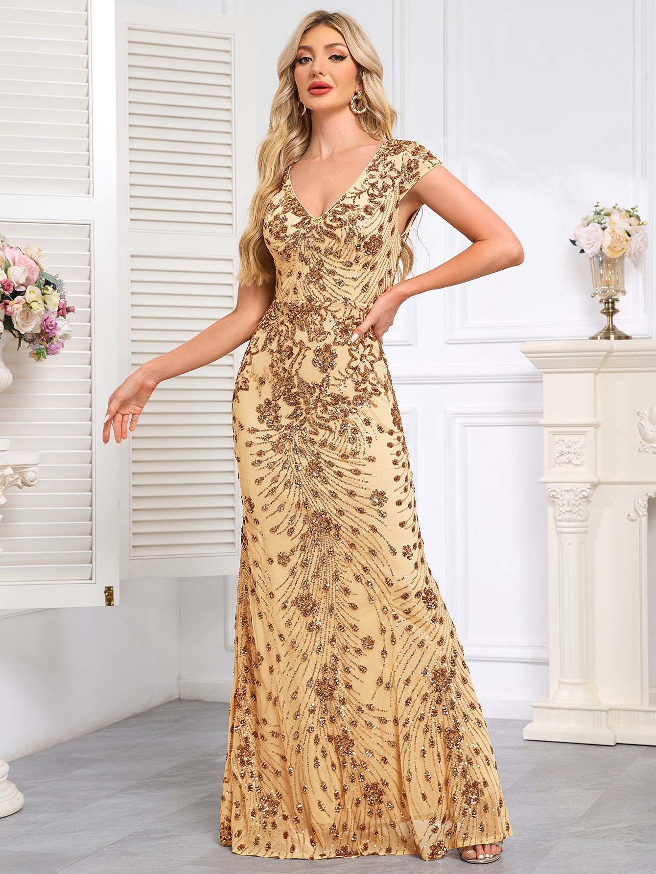 Champagne-Colored Sleeveless Sequined High-Low Gown