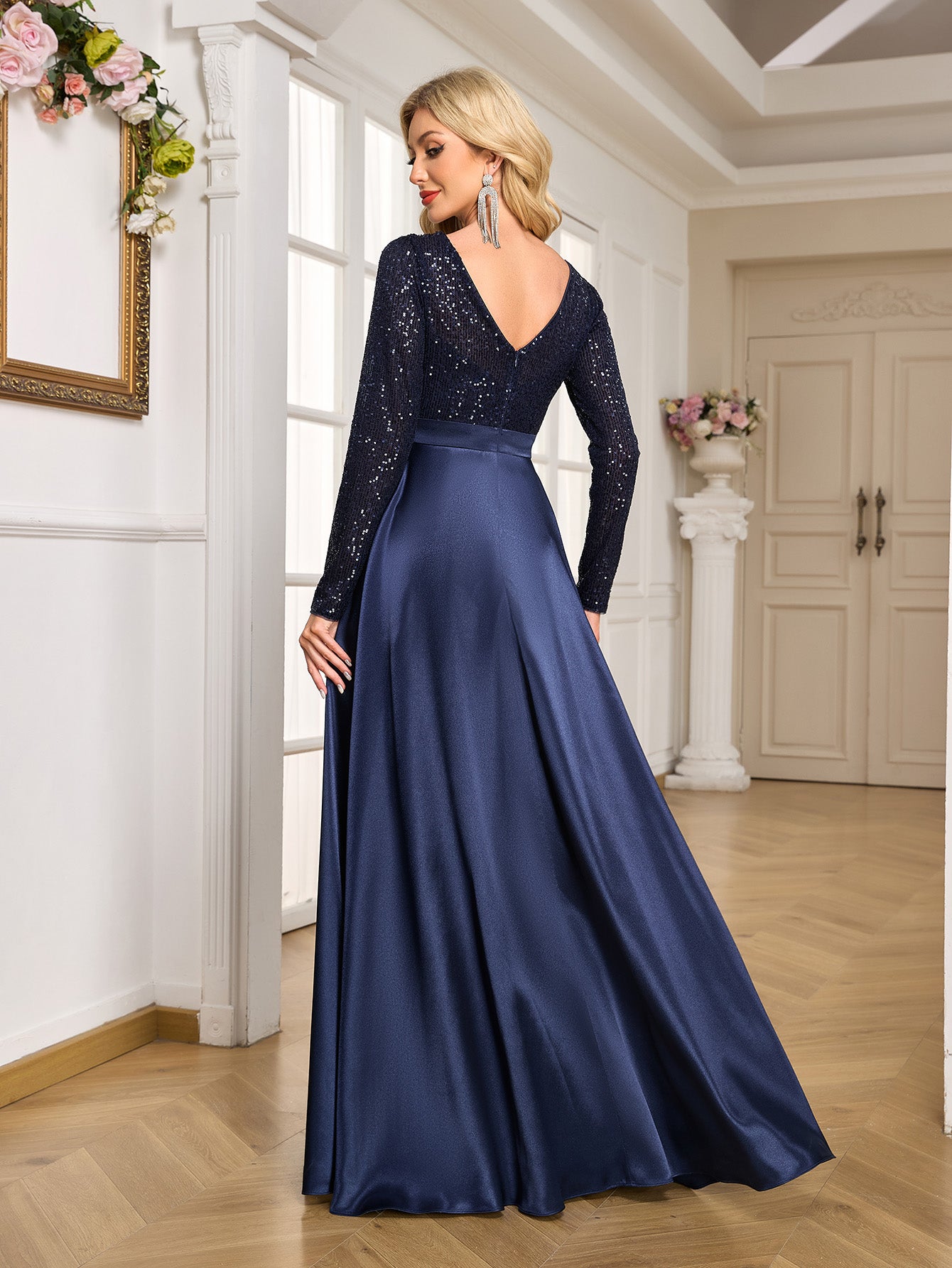 Navy Blue Sequin Long Sleeve Wrap V Neck High Slit Satin Evening Gown