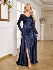 Navy Blue Sequin Long Sleeve Wrap V Neck High Slit Satin Evening Gown