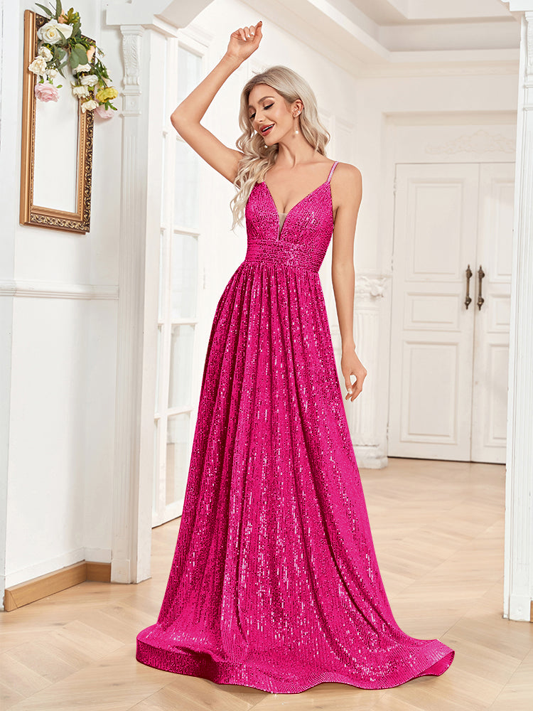 XUIBOL | a-line spaghetti strap sequin prom gown