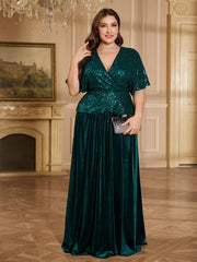 Emerald Green Sequin Wrap V Flutter Sleeve Velvet A Line Evening Gown