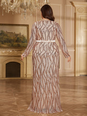 Rose Gold Sequin Wrap V Neck Long Sleeve Slit Maxi Evening Gown