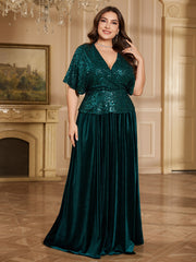 Emerald Green Sequin Wrap V Flutter Sleeve Velvet A Line Evening Gown