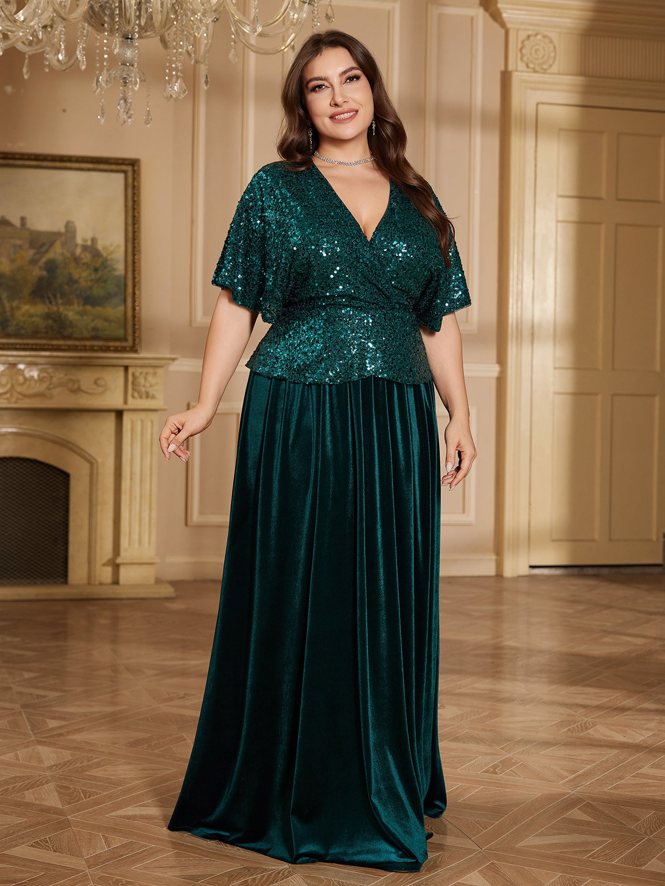 Emerald Green Sequin Wrap V Flutter Sleeve Velvet A Line Evening Gown