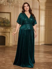 Emerald Green Sequin Wrap V Flutter Sleeve Velvet A Line Evening Gown