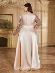 Champagne Satin Rose Gold Sequin Wrap V A Line Evening Gown