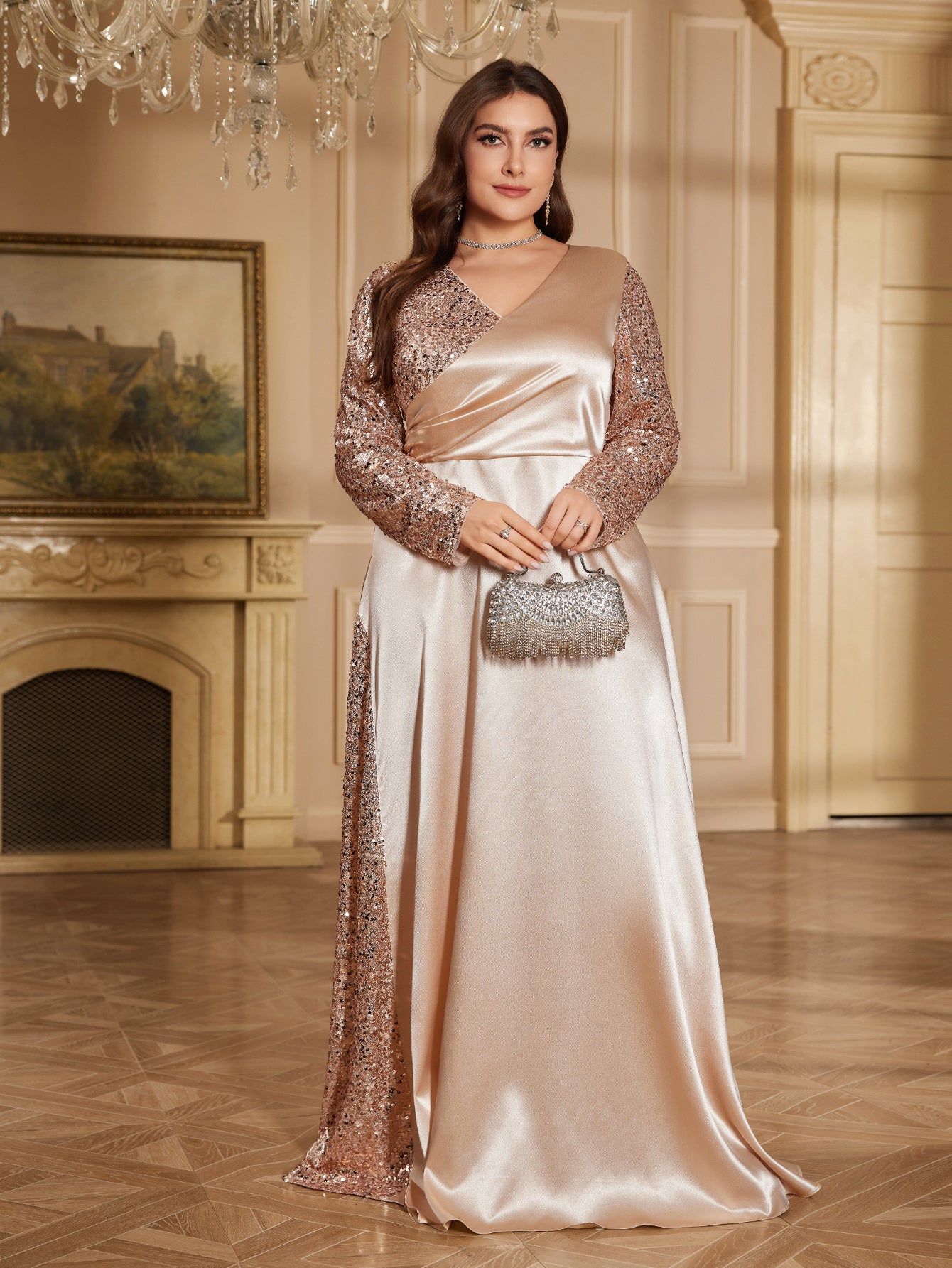 Champagne Satin Rose Gold Sequin Wrap V A Line Evening Gown