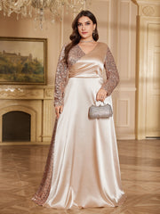 Champagne Satin Rose Gold Sequin Wrap V A Line Evening Gown