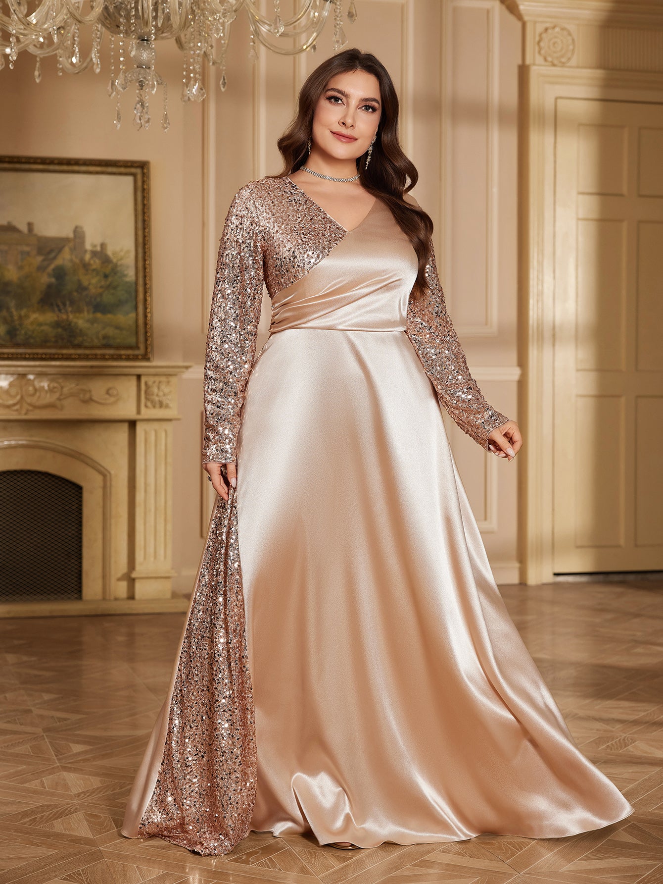 Champagne Satin Rose Gold Sequin Wrap V A Line Evening Gown