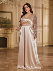 Champagne Satin Rose Gold Sequin Wrap V A Line Evening Gown