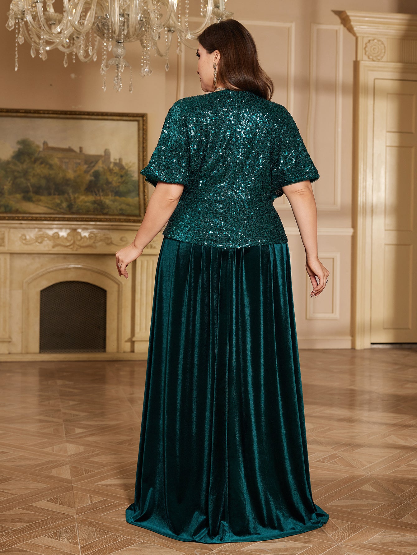 Emerald Green Sequin Wrap V Flutter Sleeve Velvet A Line Evening Gown