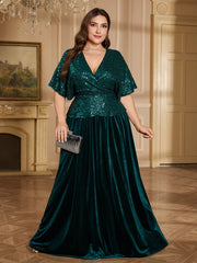 Emerald Green Sequin Wrap V Flutter Sleeve Velvet A Line Evening Gown