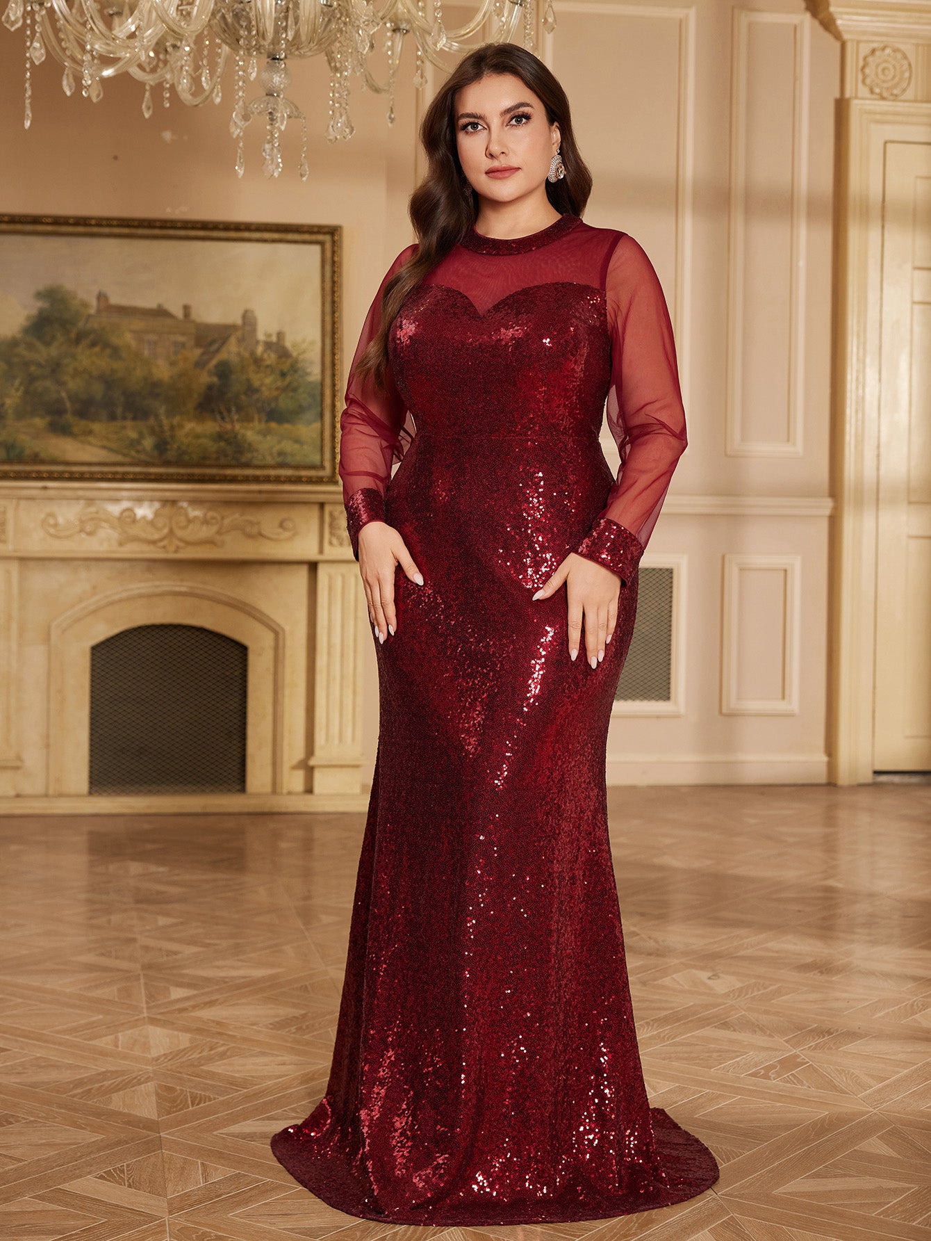 Burgundy Sheer Mesh Long Sleeve Heart Neck Mermaid Evening Gown